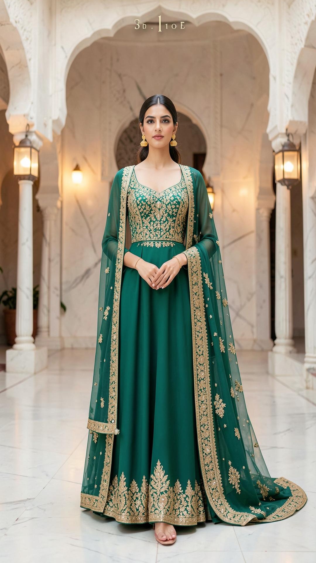 Model wearing an emerald and gold hand-embroidered bridal lehenga in a marble hall